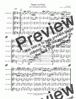page one of Joplin - Maple Leaf Rag (Saxophone Quintet SATTB)