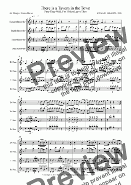 page one of There is a Tavern in the Town for Recorder Quartet (desc, tr, ten, bass recs)