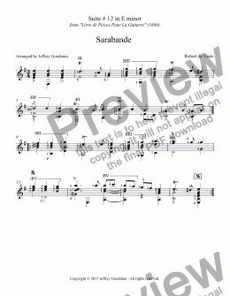 page one of Sarabande by Robert de Visée - Suite 12 in E minor