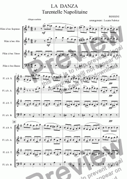 page one of La Danza (G. Rossini) quatuor flûtes à bec