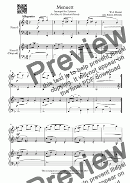 page one of Menuett (W A Mozart) in a new, easy arrangement for 2 pianos by Simon Peberdy