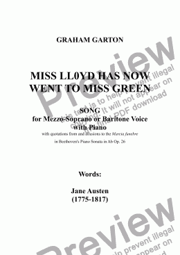 page one of SHORT SONG - 'MISS LL0YD HAS NOW WENT TO MISS GREEN' for Mezzo-Soprano or Baritone  Voice. Words: Jane Austen (1775-1817)