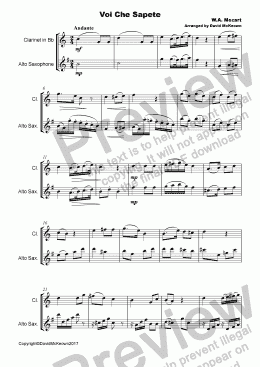 page one of Voi che Sapete Duet for Clarinet and Alto Saxophone
