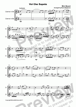 page one of Voi che Sapete Duet for Clarinet