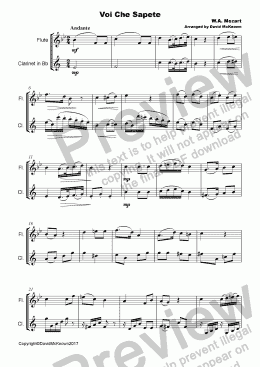 page one of Voi che Sapete Duet for Flute and Clarinet