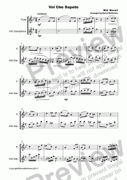 page one of Voi che Sapete Duet for Flute and Alto Saxophone