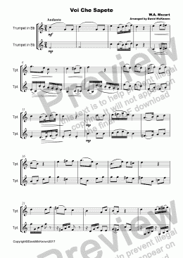 page one of Voi che Sapete Duet for Trumpet
