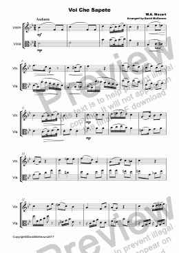 page one of Voi che Sapete Duet for Violin and Viola