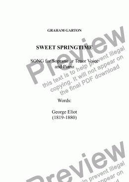 page one of SONG - 'SWEET SPRINGTIME'- SONG for Soprano or Tenor Voice. Words: George Eliot (1819-1880)