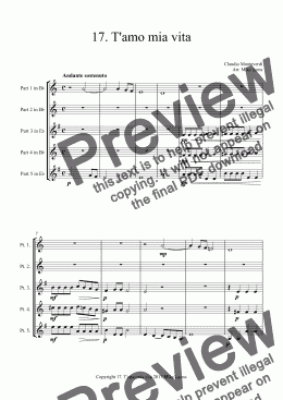 page one of Brass Quintet - Monteverdi Madrigals Book 5 - 17. T'amo mia vita