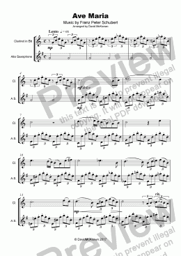 page one of Ave Maria by Franz Schubert, Duet for Clarinet and Alto Saxophone