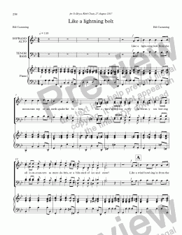 page one of "Like a lightning bolt" for SATB choir & piano
