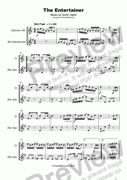 page one of The Entertainer by Scott Joplin, Duet for Clarinet and Alto Saxophone