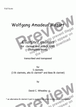 page one of Mozart - Clarinet Quintet - for 5 clarinets - complete work - transcribed  by David Wheatley