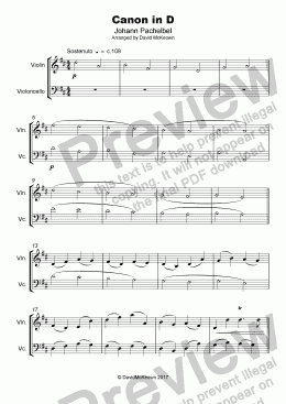 page one of Pachelbel's Canon in D, Duet for Violin and Cello (with optional bass part)