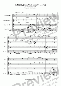 page one of Christmas Concerto, Allegro, by Corelli; for Clarinet Quartet or Choir