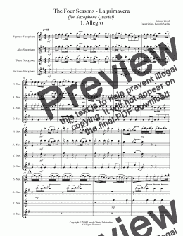 page one of Vivaldi - The Four Seasons - La Primavera (for Saxophone Quartet SATB)