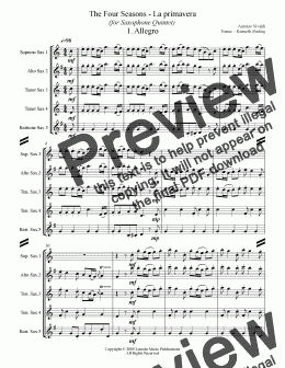 page one of Vivaldi - The Four Seasons - La Primavera (for Saxophone Quintet SATTB)