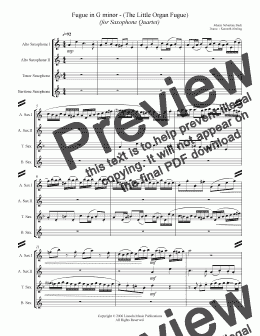 page one of Bach - Fugue in G minor - “Little Organ Fugue” (Saxophone Quartet AATB)
