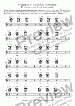 page one of ii V i progressions in minor keys for jazz ukulele