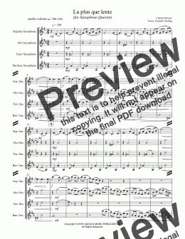 page one of Debussy - La plus que lente (for Saxophone Quartet SATB)
