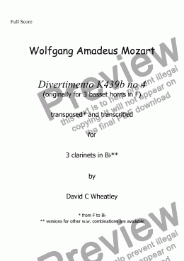 page one of Mozart - Divertimento K439b no 4 for 2xBb + bass clarinets transcribed by David Wheatley