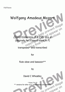 page one of Mozart - Divertimento K439b no 4 for flute oboe and bsn transcribed by David Wheatley