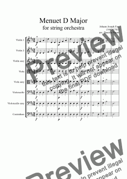 page one of J.J. Fux Menuet D Major for string orchestra grade 1