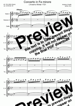 page one of Vivaldi - Winter The Four seasons - L'Inverno Le quattro stagioni -  L'Hiver Les Quatre Saisons-  Die vier Jahreszeiten - 四季 (ヴィヴァルディ) - 사계 (비발디) - Времена года (Вивальди) - 四季 (維瓦爾第) - Allegro - Concerto in Fa minore - trio 2 violin cello