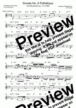 page one of Beethoven - Piano Sonata No. 8 Sonata Pathétique Opus 13 2nd movement adagio cantabile - Sonate pour piano nº 8 - ピアノソナタ第8番 『大ソナタ悲愴』ベートーヴェン - 피아노 소나타 8번 (베토벤) - Соната для фортепиано № 8 (Бетховен) - PDF - lead sheet Melody + chords