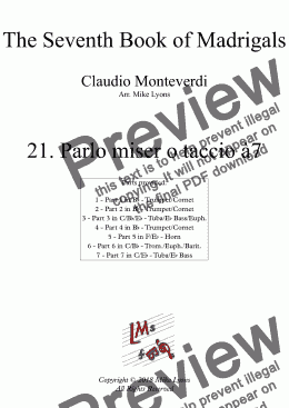 page one of Brass Septet - Monteverdi Madrigals Book 7 - 21. Parlo miser o taccio à7