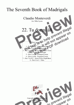 page one of Brass Octet - Monteverdi Madrigals Book 7 - 22. Tu dormi à8