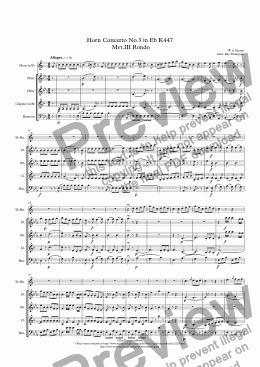 page one of Mozart: Horn Concerto No.3 in Eb K447  Mvt.III Rondo wind quintet (horn feature)
