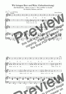 page one of Kinderchor: Wir bringen Brot und Wein (Gabenbereitung) "Mkate na divai". For Children's choir, piano/guitar & 2 recorders.
