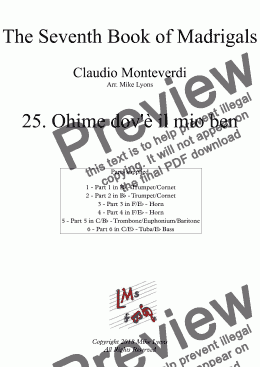 page one of Brass Sextet - Monteverdi Madrigals Book 7 - 25. Ohimè  dov'è il mio ben
