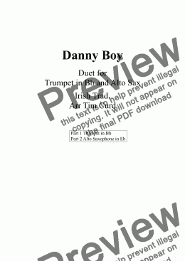 page one of Danny Boy. Duet for Trumpet and Alto Saxophone