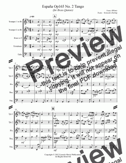 page one of Albeniz - Espana Op.165 No. 2 Tango (for Brass Quintet)