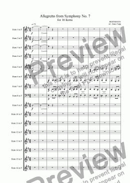 page one of Allegretto from Symphony No. 7 (for 16 horns)