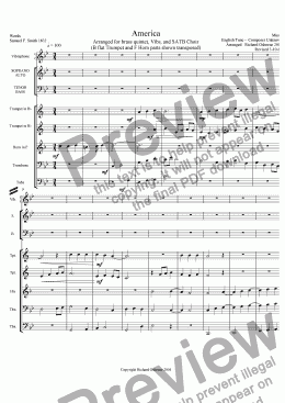 page one of America (Transposed for Brass Quintet)