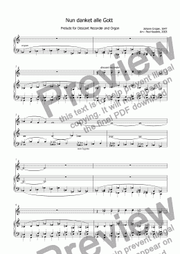 page one of Prelude on Nun danket alle Gott for Descant Recorder and Organ