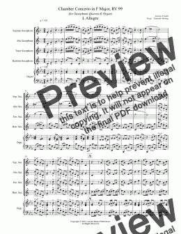 page one of Vivaldi - Chamber Concerto in F Major, RV 99 (for Saxophone Quartet & Organ)