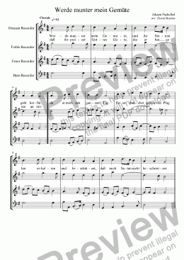 page one of Pachelbel for Recorders: "Werde munter, mein Gemüte" (revised) for SATB recorder quartet