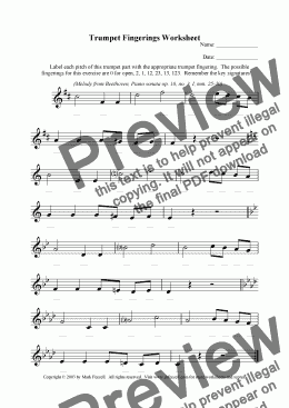 page one of Trumpet fingerings worksheet