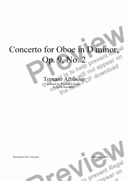 page one of Albinoni Concerto for Oboe, Opus 9, No. 2, I. Allegro. arr. by K. MacGaffey for wind quintet