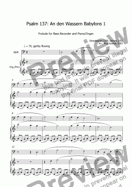 page one of Prelude on Psalm 137 (Waters of Babylon) for Bass Recorder and Piano/Organ 1
