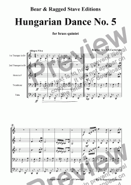 page one of Brahms Hungarian Dance No.5 for brass quintet