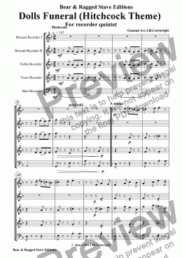 page one of Doll's Funeral (Hitchcock Theme) for recorder quintet