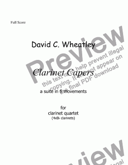 page one of Clarinet Capers a suite in 5 movements by David Wheatley for clarinet quartet