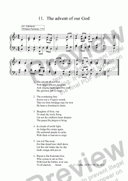 page one of English hymnal carols 11, 12, 14, 15, 19, 21 (Advent of our God, Wake o wake, Come Thou Redeemer of the earth, O little town of Bethlehem, Great and mighty wonder, Christians awake salute the happy morn)