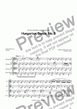 page one of Hungarian Dance No.5 arr for Clarinet Quartet